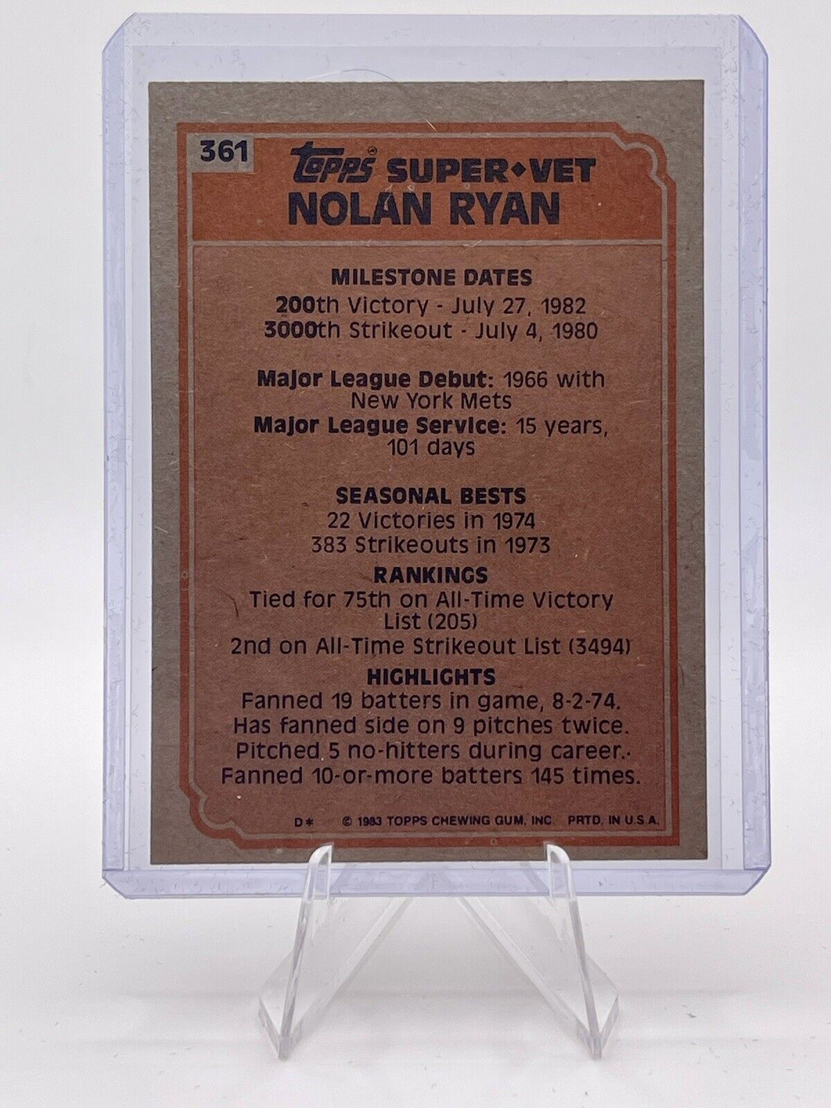 Nolan Ryan 1983 Topps Super Veteran #361