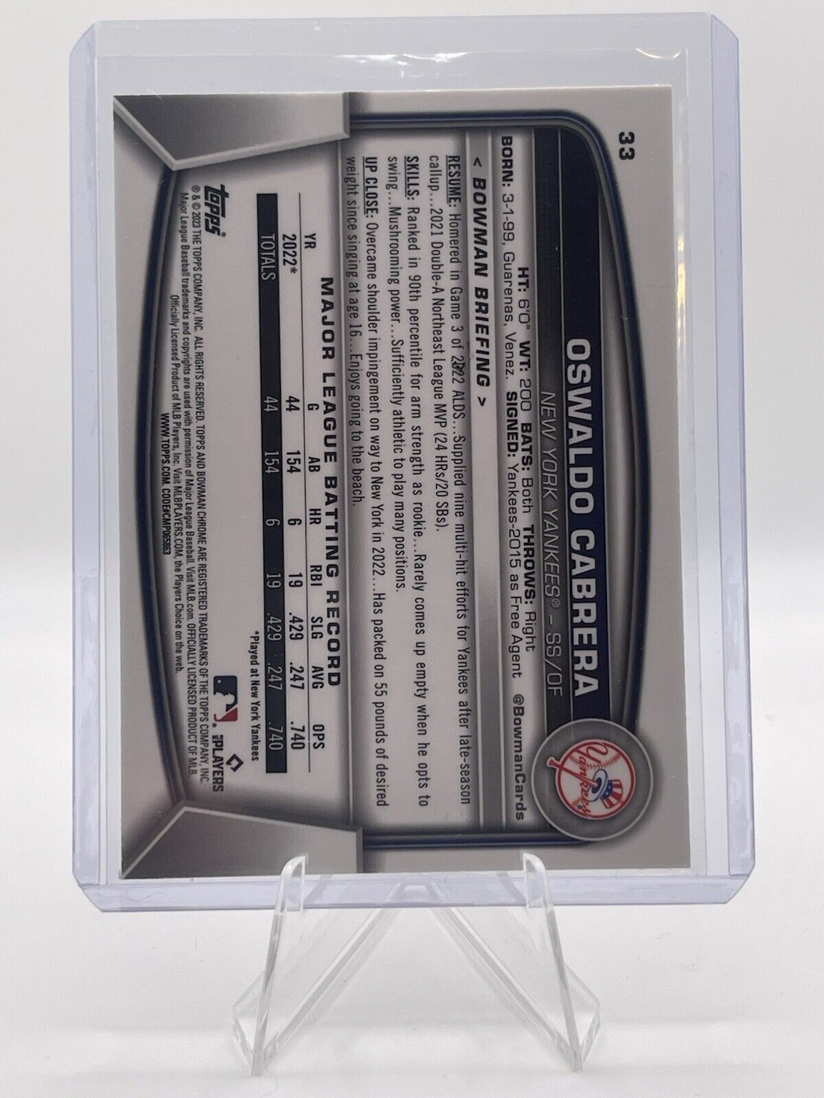 Oswaldo Cabrera 2023 Bowman Chrome Rookie Card