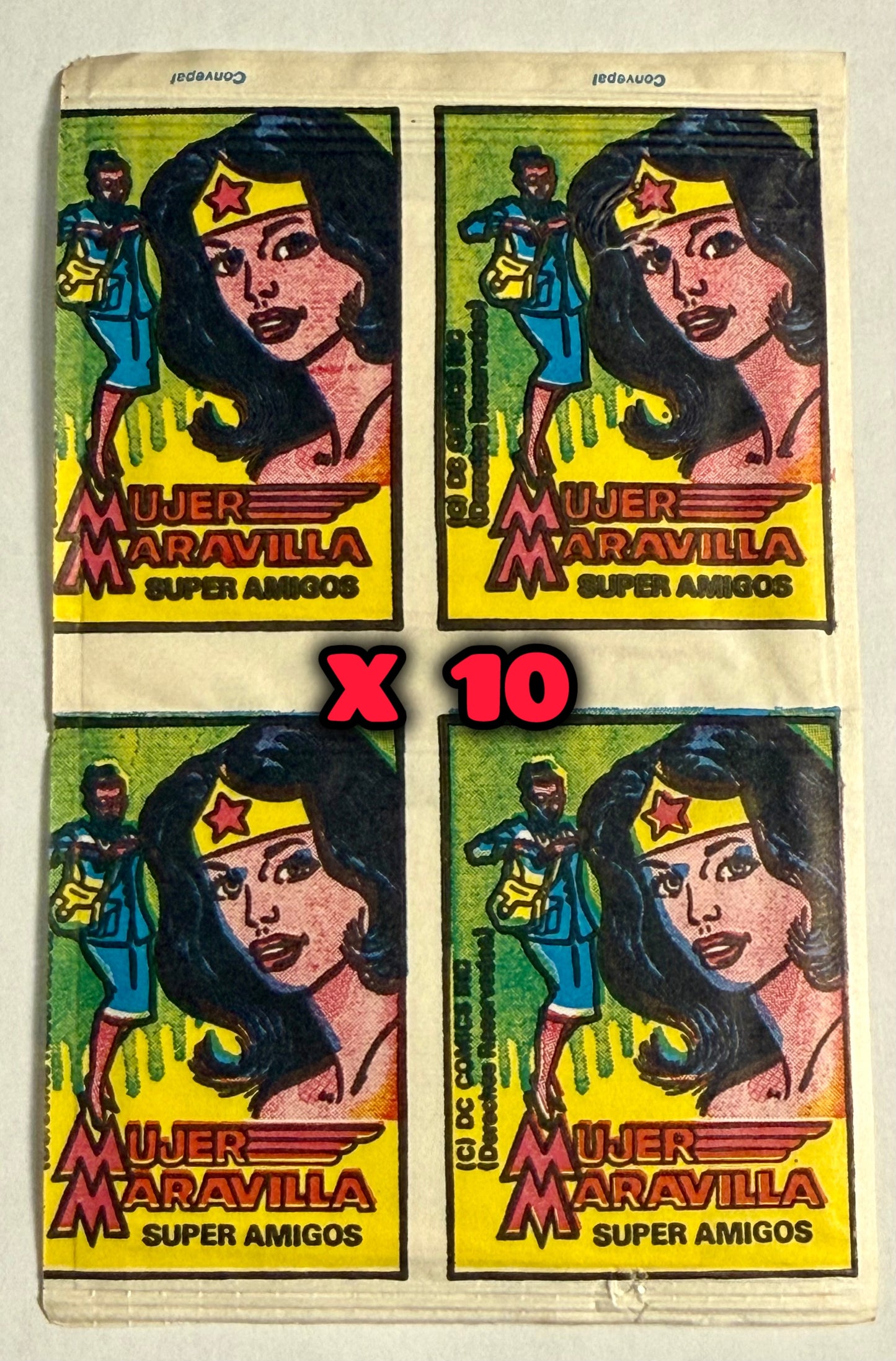 10-Pack Vintage Super Amigos DC Wonder Woman, Batman & more Sticker Card Packs (Estampas) Uncut strip