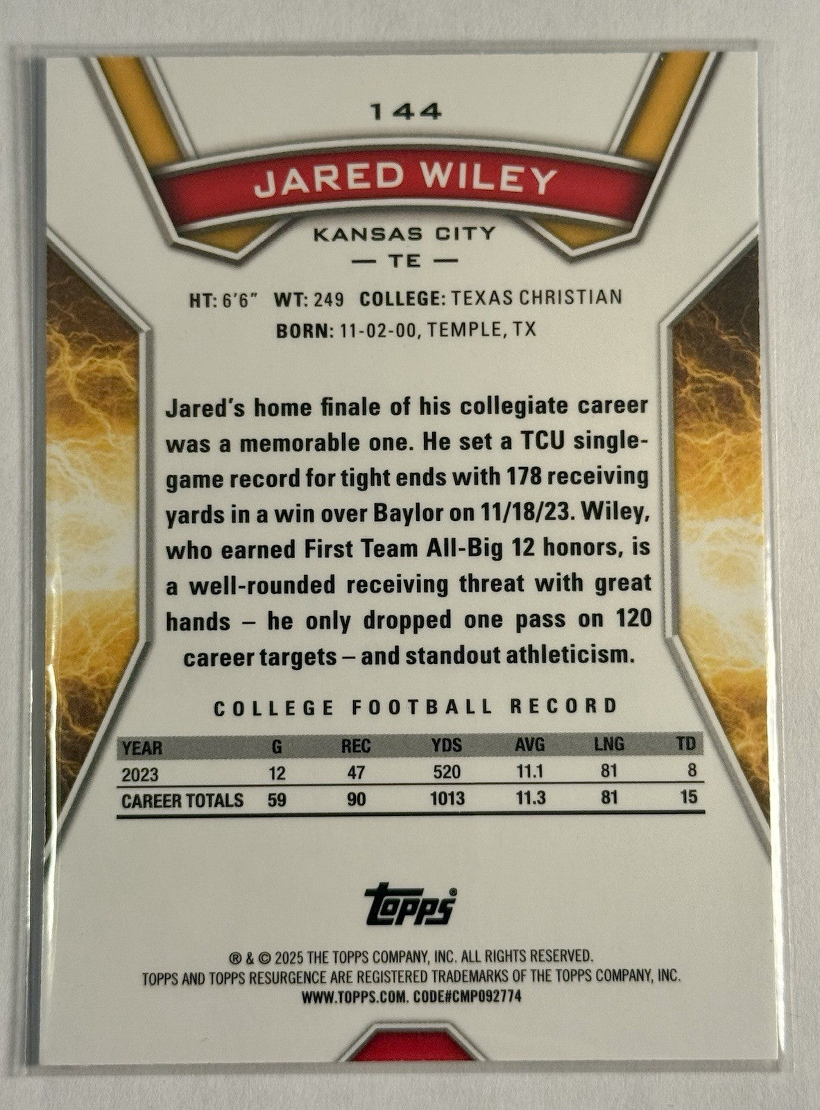 2024 JARED WILEY ROOKIE FOOTBALL CARD CHIEFS Topps 144