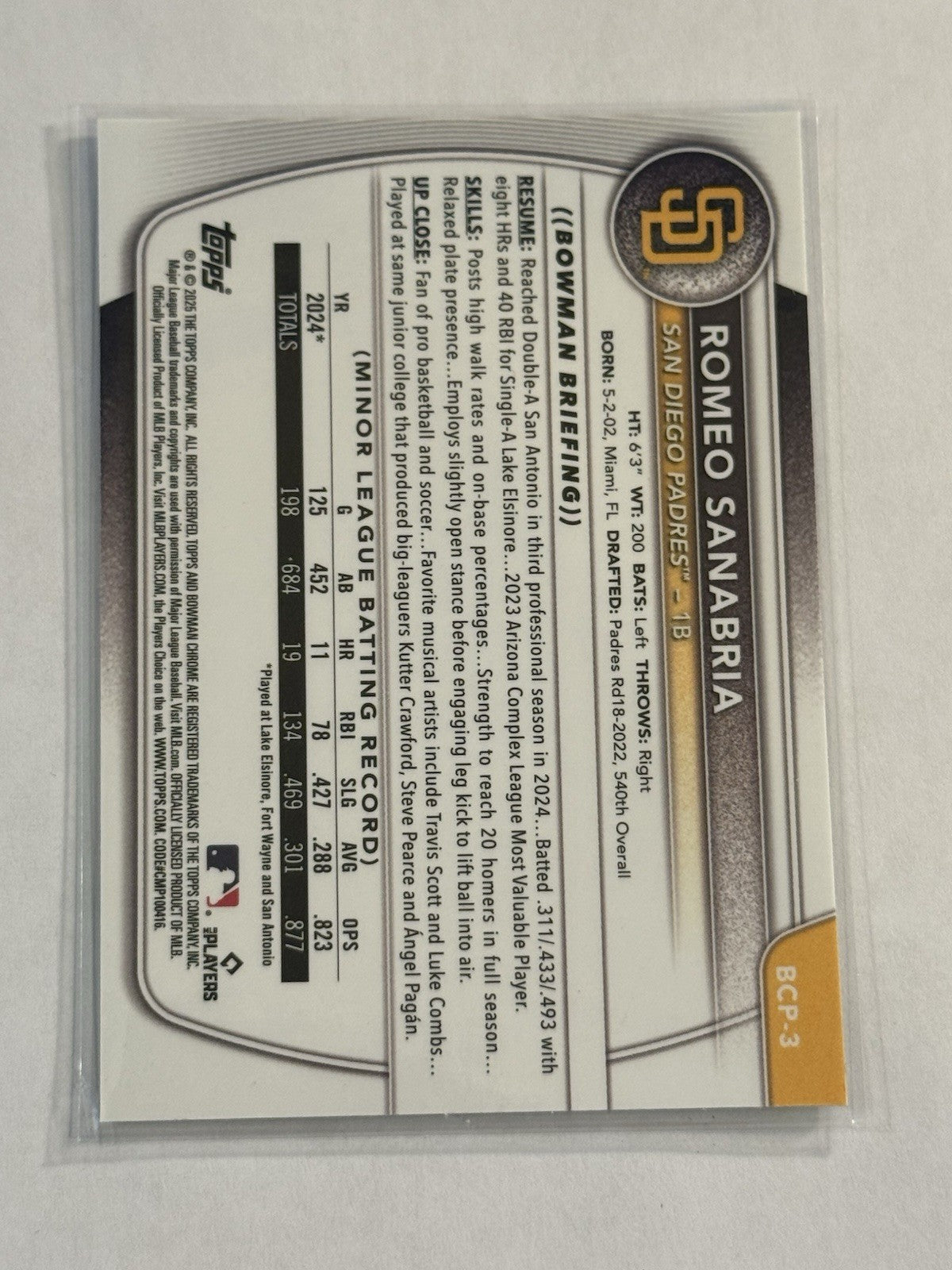 2025 Bowman - Chrome Prospects Romeo Sanabria #BCP-3 (RC)