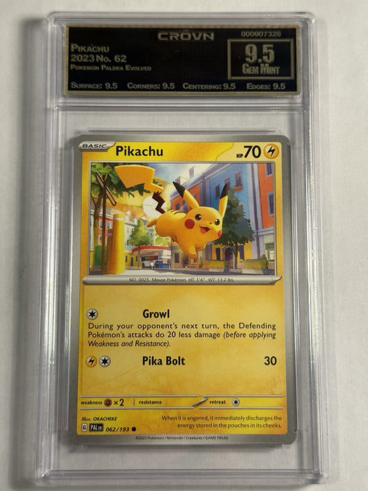 Pikachu 062/193 Sv02: Paldea Evolved Graded Crown 9.5 Gem Mint