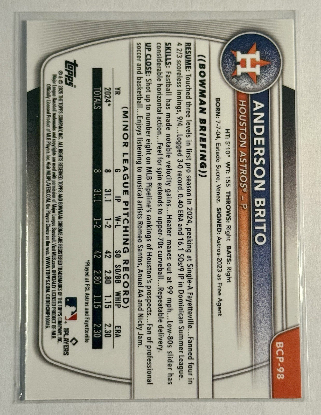 2025 Bowman - Chrome Prospects Anderson Brito #BCP-98 (RC)