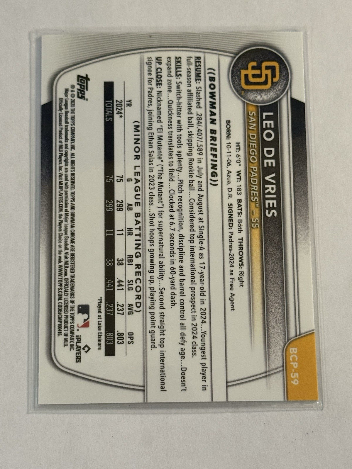 2025 Bowman - Chrome Prospects Leo De Vries #BCP-59 (RC)