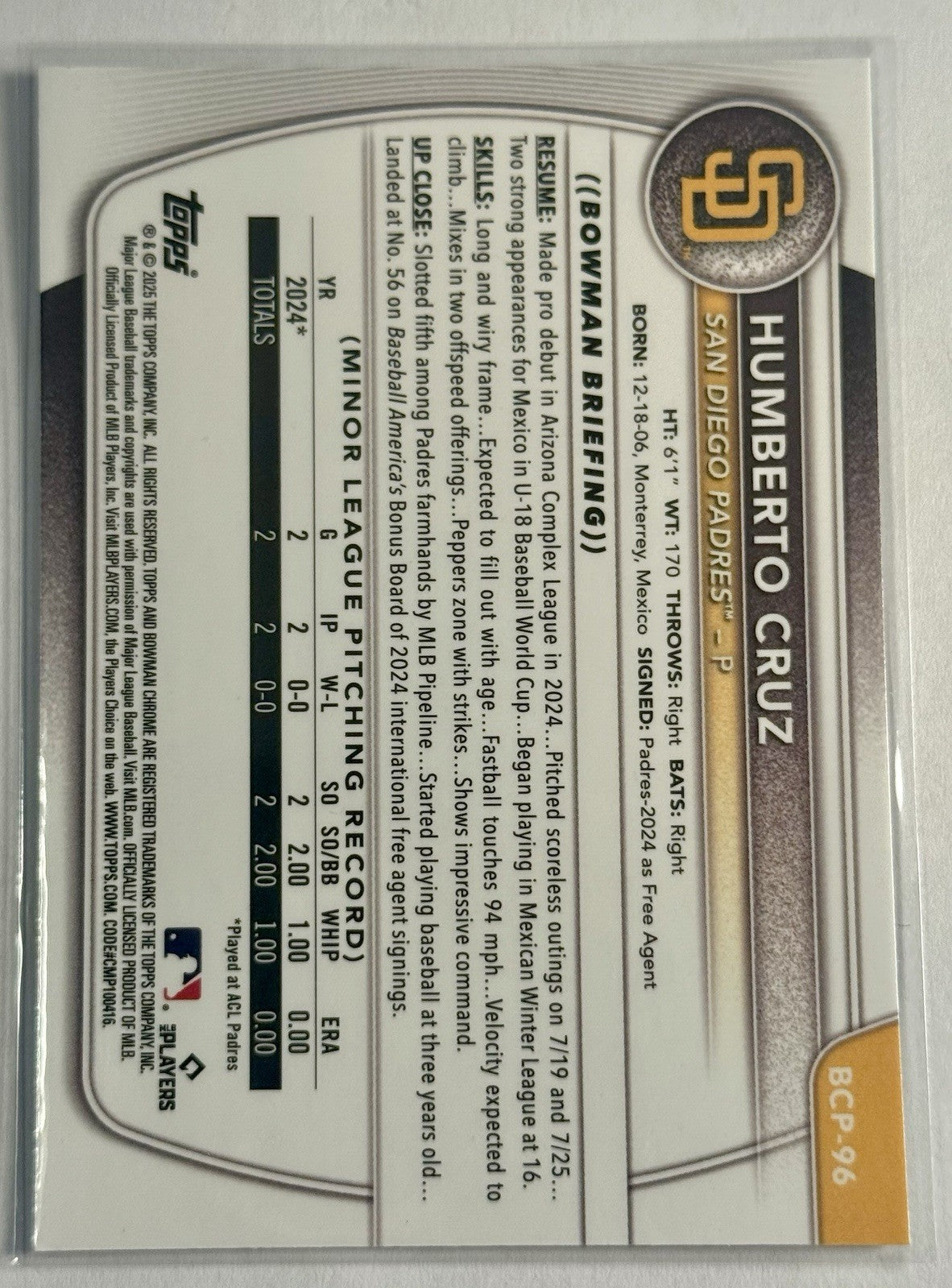2025 Bowman - Chrome Prospects Humberto Cruz #BCP-96 (RC)