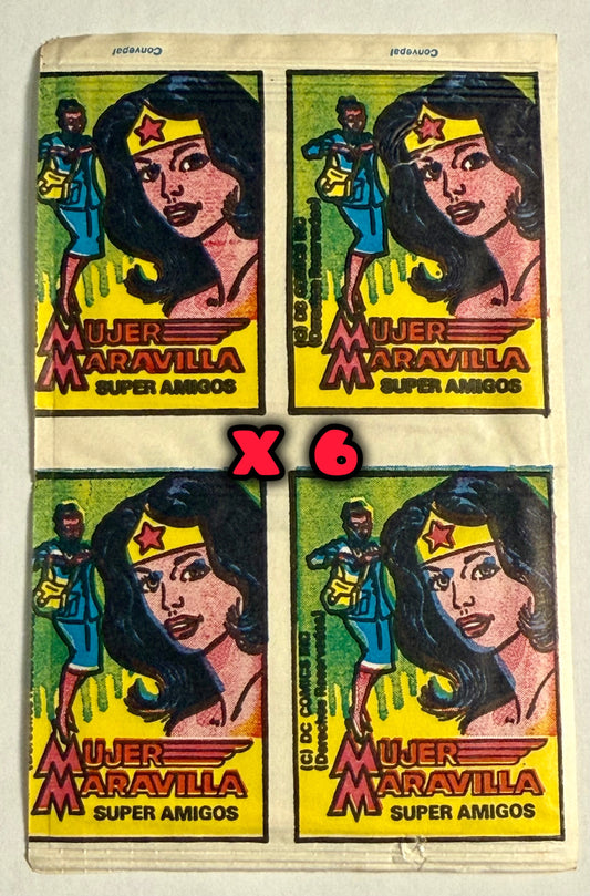 6-Pack Vintage Super Amigos DC Wonder Woman, Batman & more Sticker Card Packs (Estampas) Uncut strip