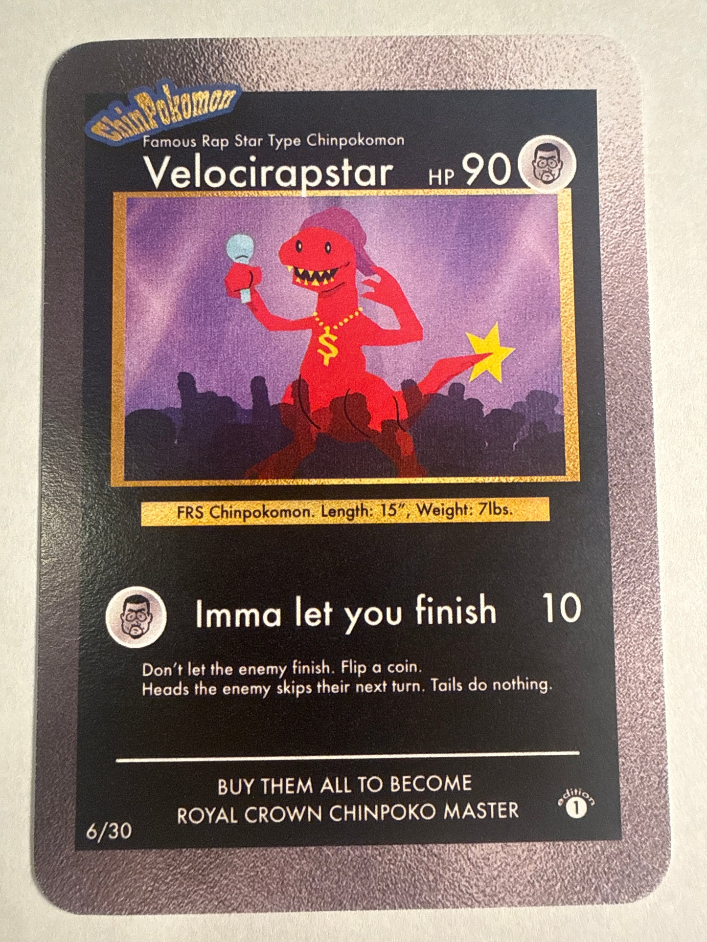 Velocirapstar Parody Card (Blank Back) – Chinpokomon Rap Star Card – Funny Collectible
