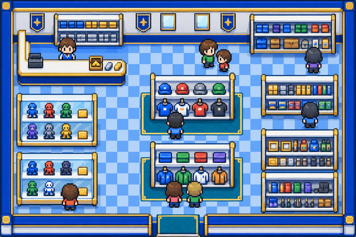 Compact original pixel-art General Store with shoppers and gold-and-silver collectible displays