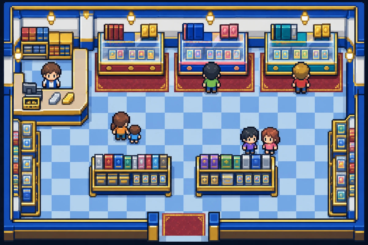 Compact original pixel-art Singles Shop with shoppers and gold-and-silver collectible displays