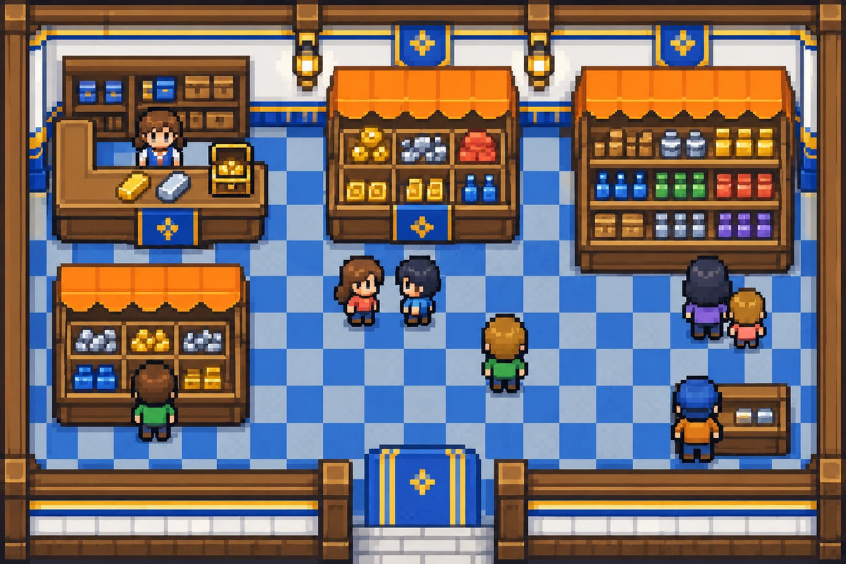 Compact original pixel-art Trading Post with shoppers and gold-and-silver collectible displays