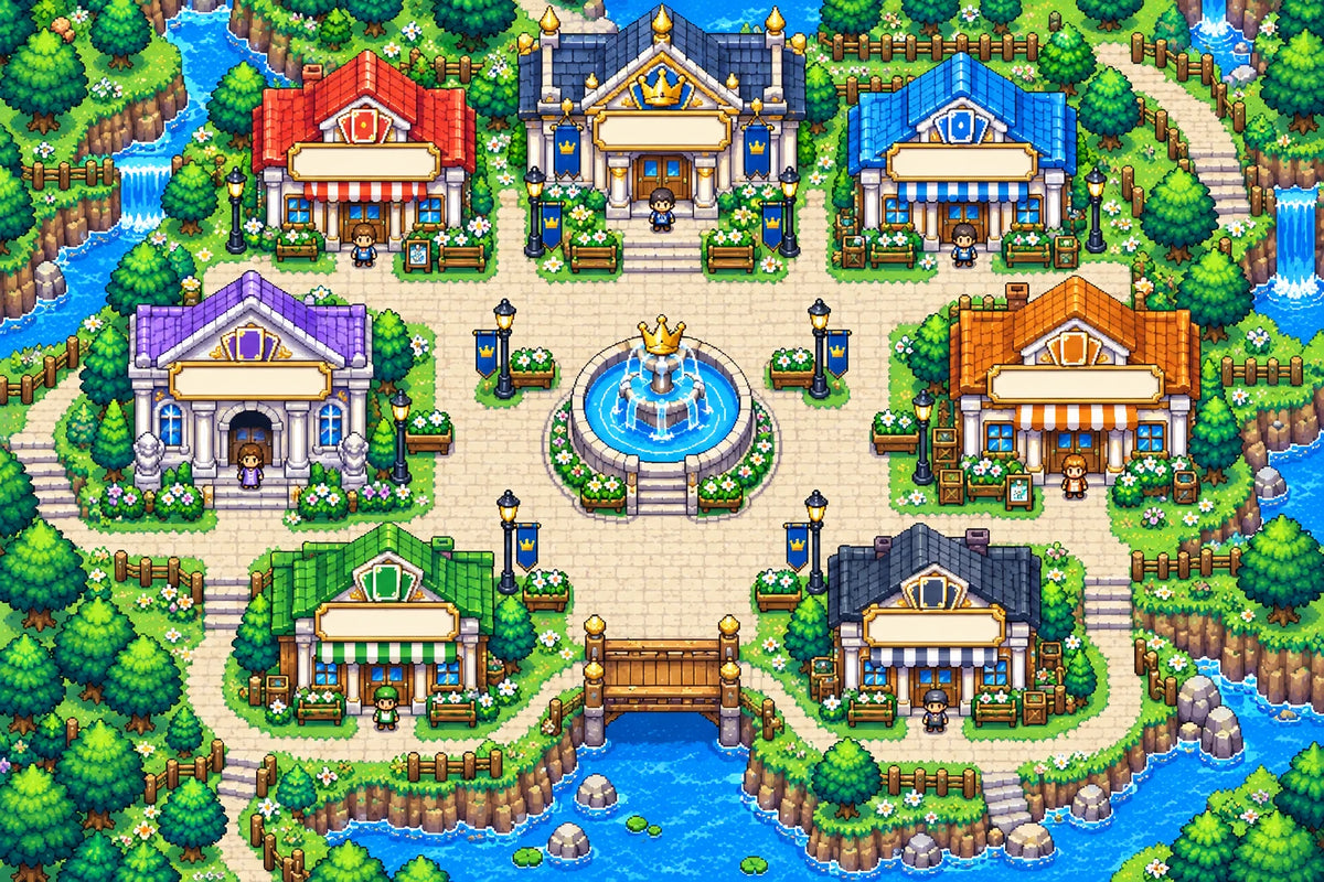Original Shop KMC pixel-art town with six shops, a crown fountain, bridges, and waterfalls.